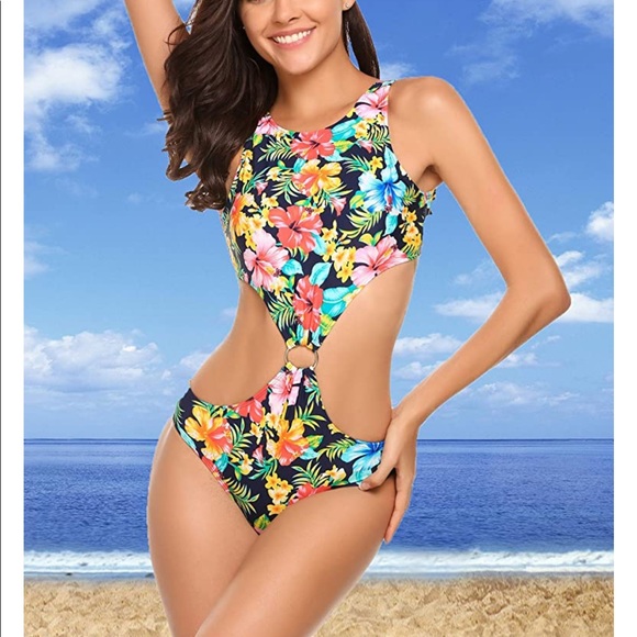 🌺NWT Hawaiian Floral Cut Out One Piece Monokini - Picture 2 of 13
